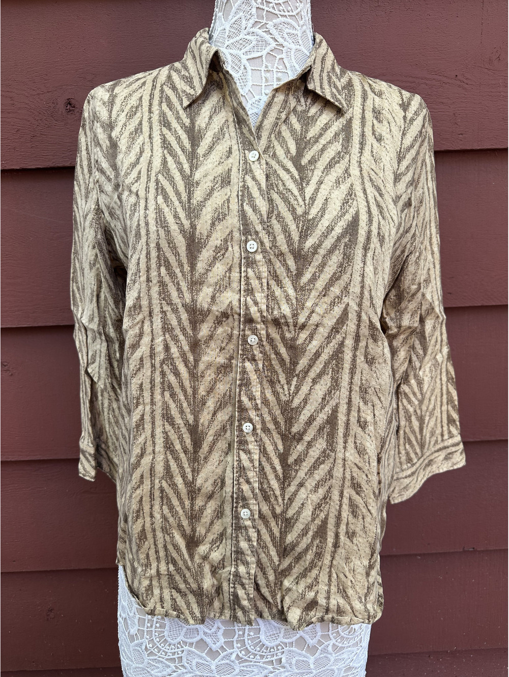 Lauren Ralph Lauren Linen Blend Button Down Blouse in Earthy Chevron Print